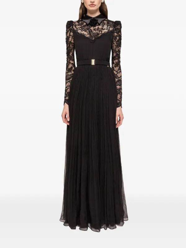 NISSA Lace Pleated Maxi Dress | Black | FARFETCH