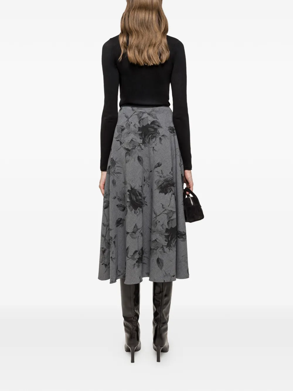  Nissa Button Floral Midi Skirt - Grey 