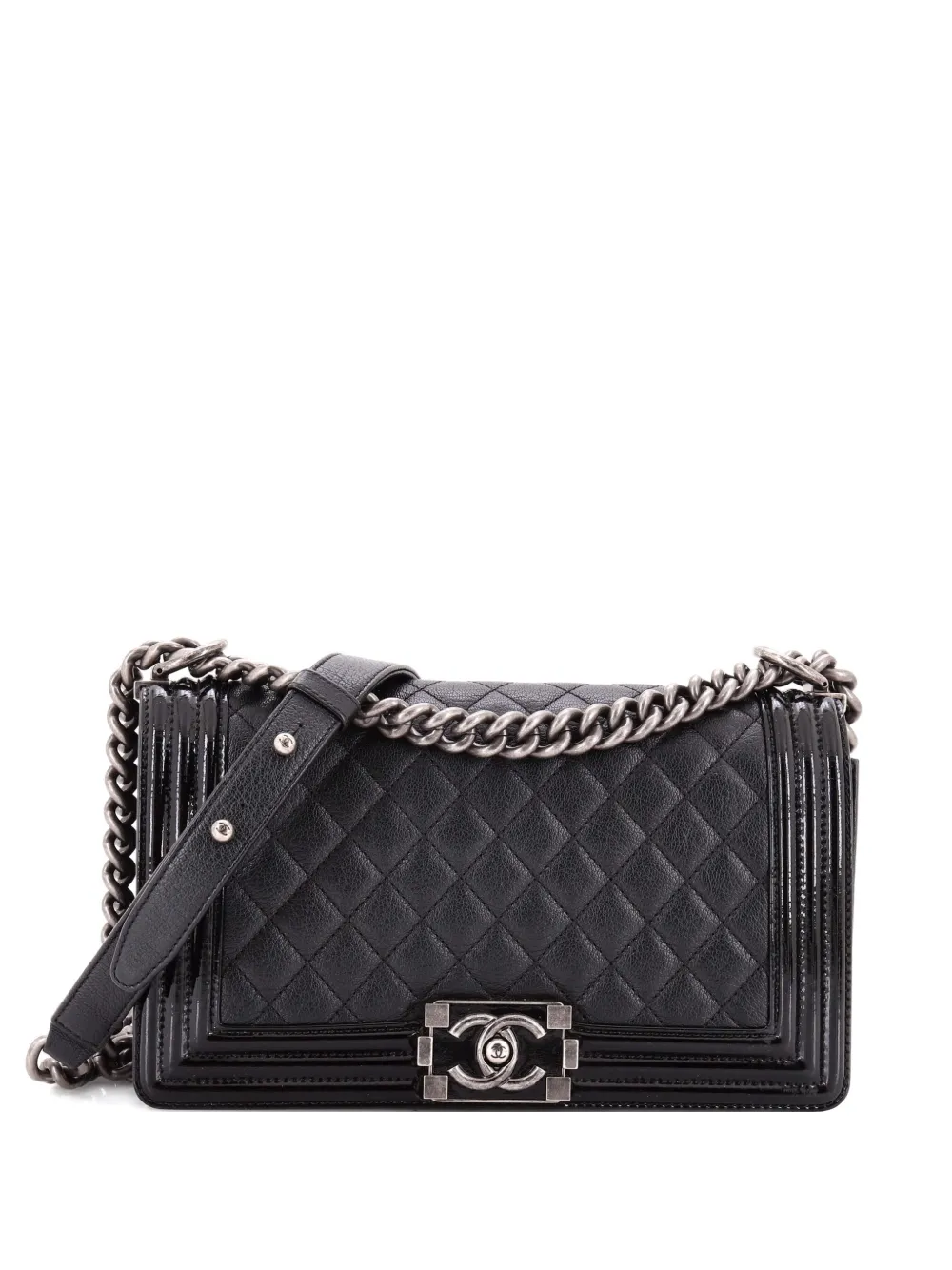 Pre-owned Chanel Boy Flap Bag Quilted Goatskin With Patent Old Medium Crossbody Bag In Black