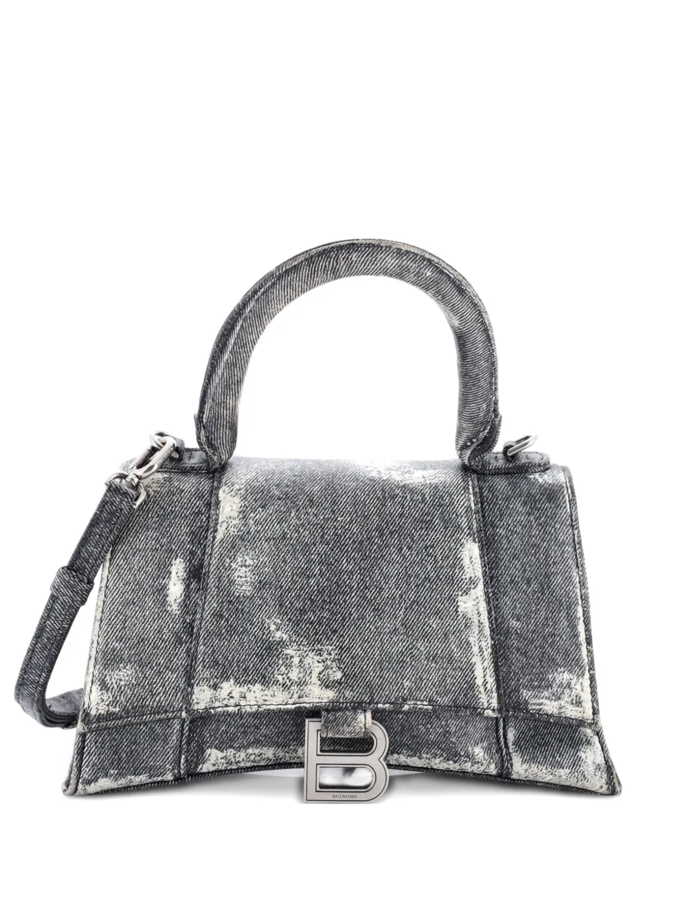 Pre-owned Balenciaga Hourglass Top Handle Bag Denim Printed Leather Small Satchel In Black