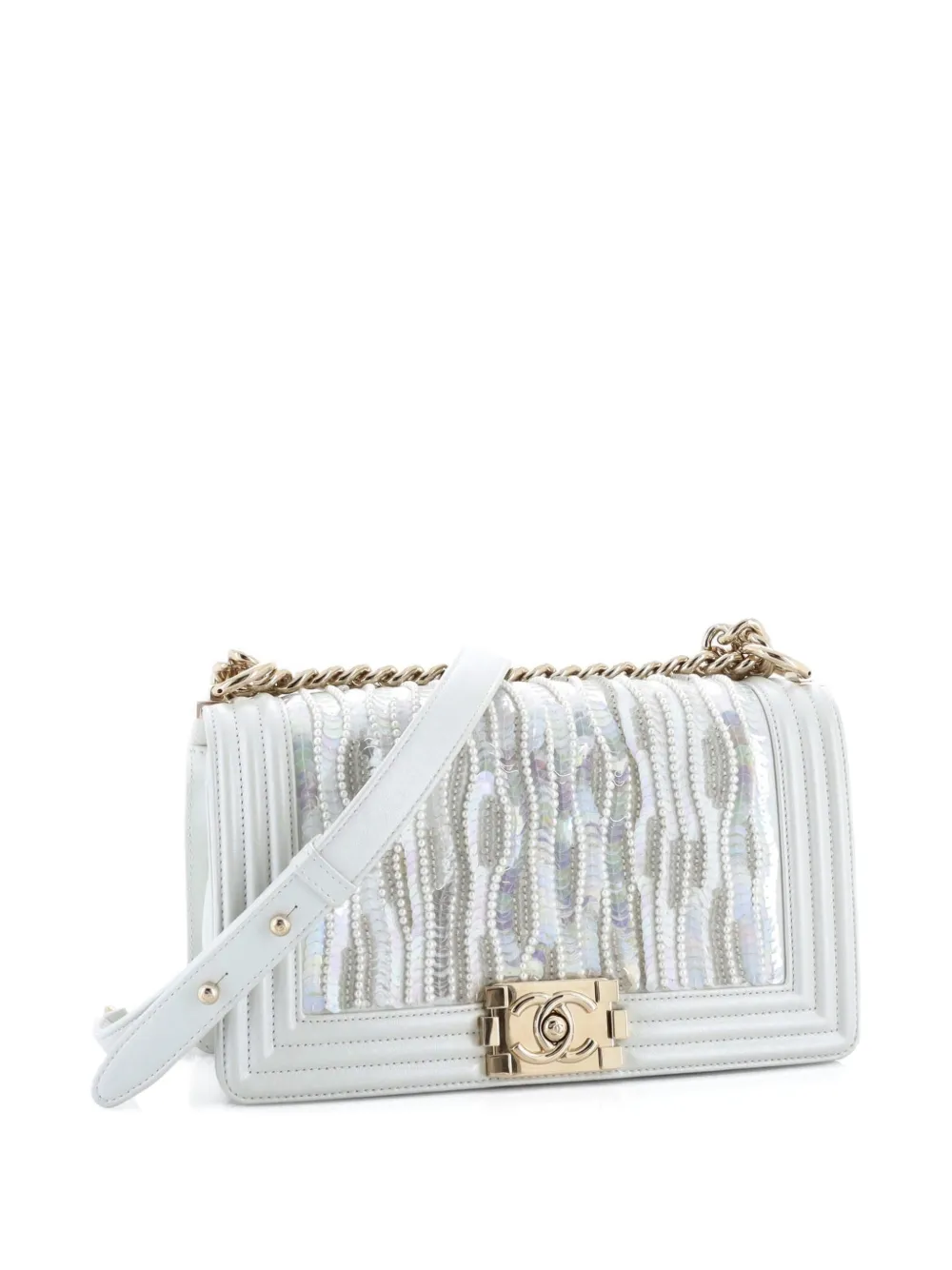 CHANEL Pre-owned Boy Flap Bag Sequin And Pearl Embellished Leather Old Medium Shoulder Bag In Green