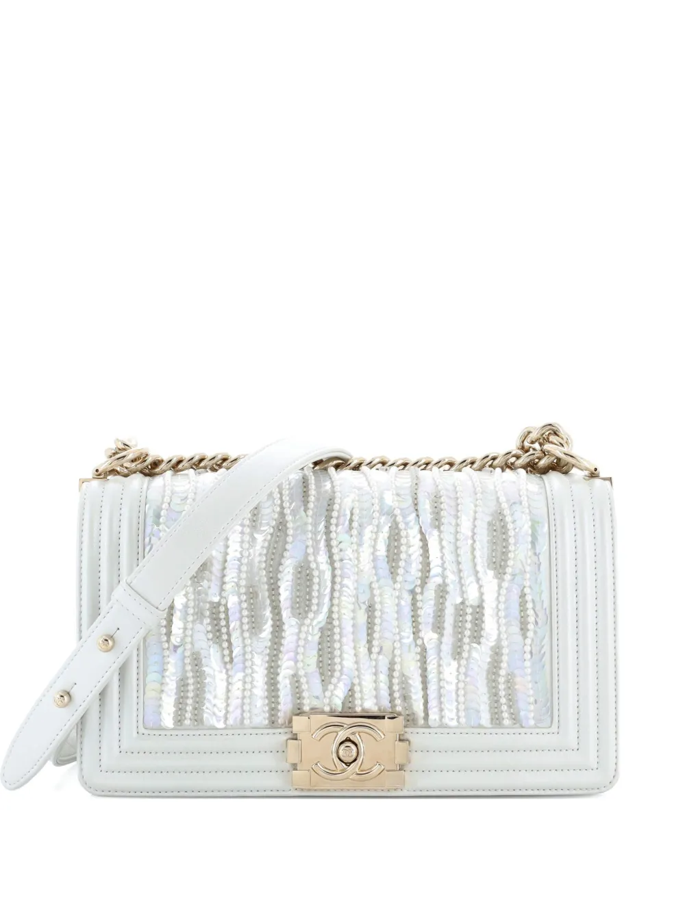 Pre-owned Chanel Boy Flap Bag Sequin And Pearl Embellished Leather Old Medium Shoulder Bag In Green