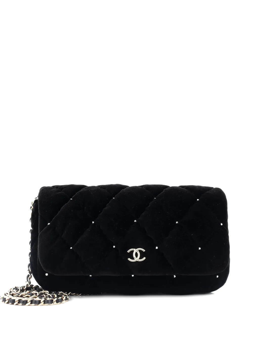 Pre-owned Chanel Cc Chain Quilted Velvet With Crystals Clutch Bag In Black