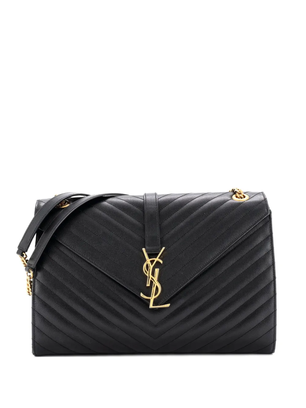 Pre-owned Saint Laurent Classic Monogram Envelope Satchel Matelasse Chevron Leather Large Shoulder Bag In Black