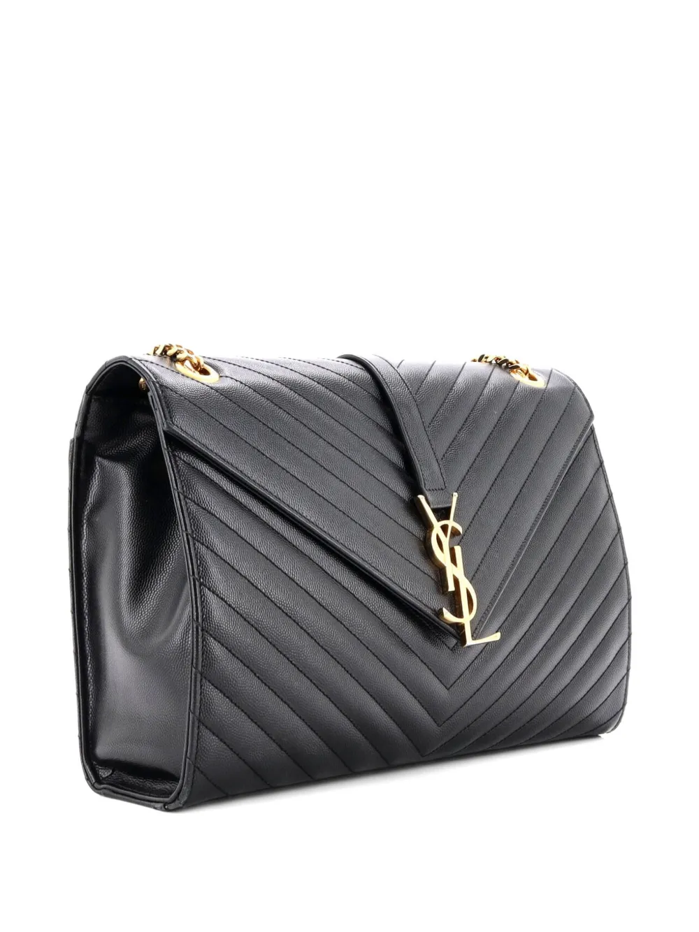 Pre-owned Saint Laurent Classic Monogram Envelope Satchel Matelasse Chevron Leather Large Shoulder Bag In Black