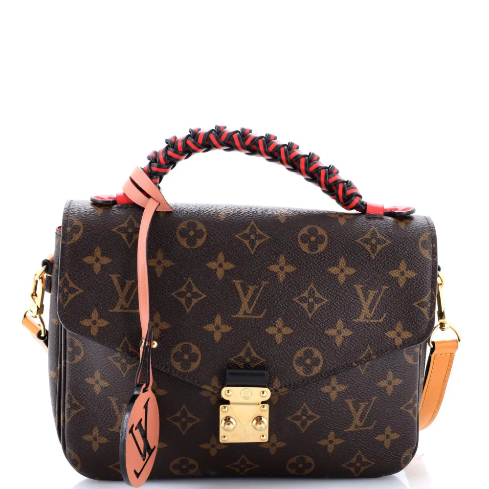 Pre-owned Louis Vuitton Braided Handle Pochette Metis Monogram Canvas With Leather Satchel In Brown