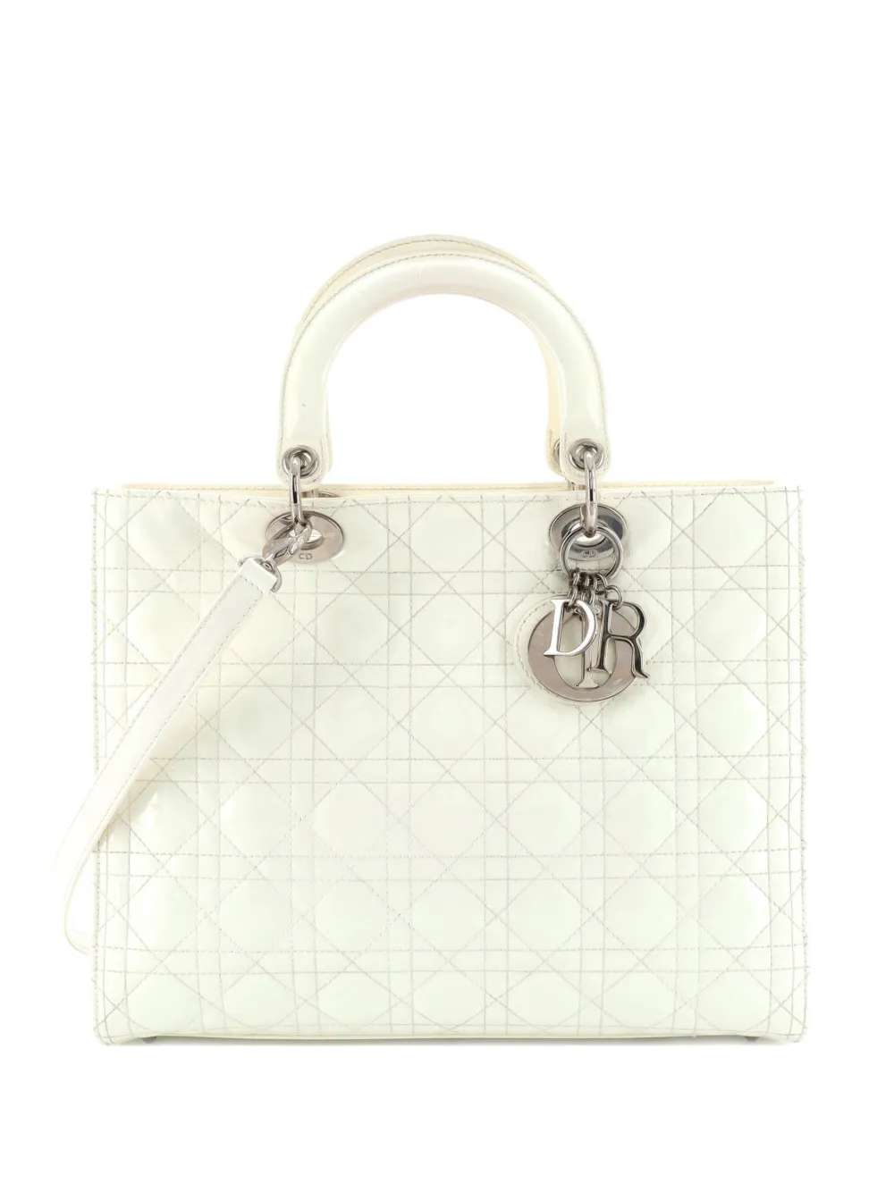 Pre-owned Dior Lady  Bag Cannage Quilt Patent Large Satchel In White