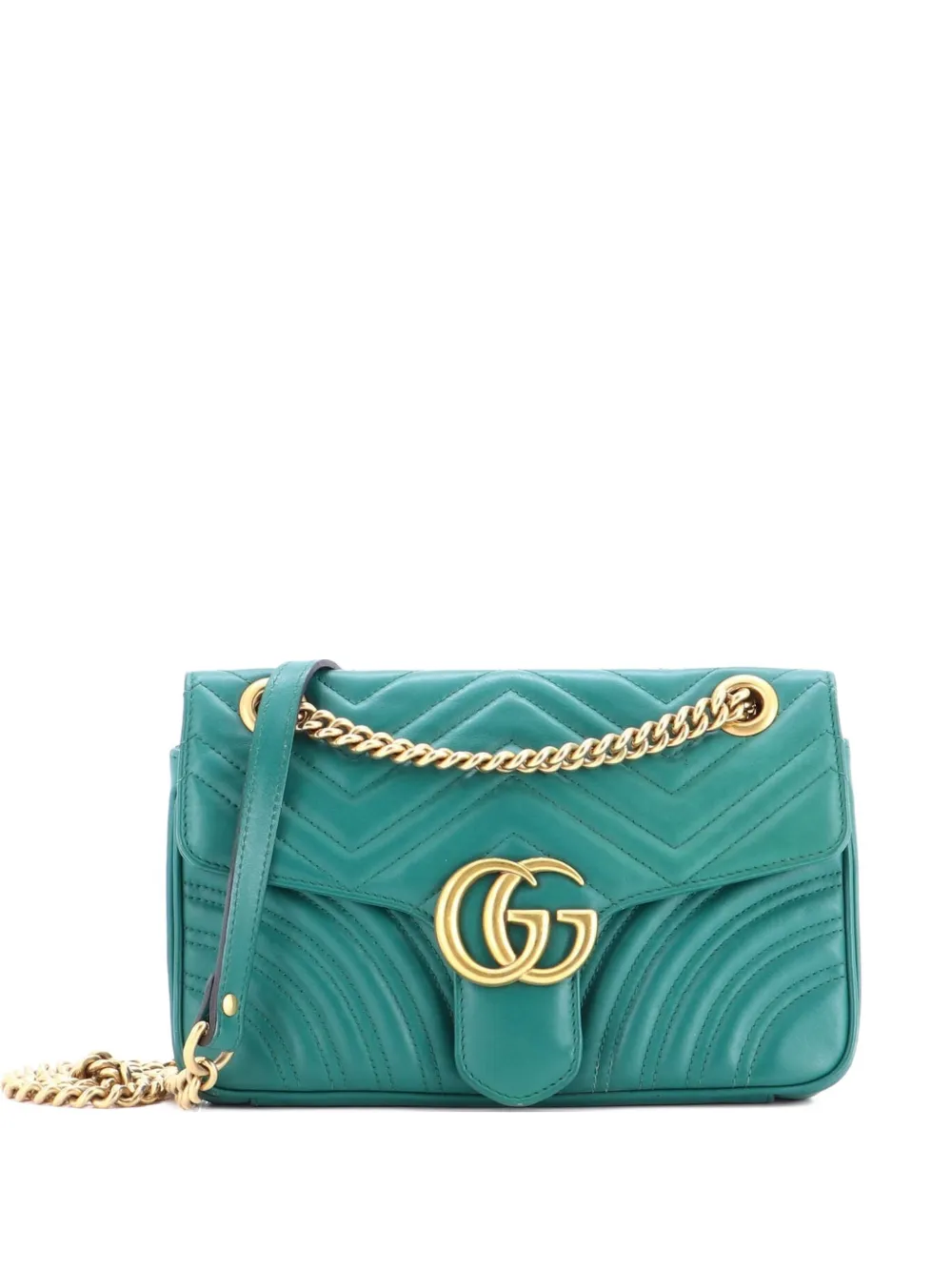 Pre-owned Gucci Gg Marmont Flap Bag Matelasse Leather Medium Shoulder Bag In Green