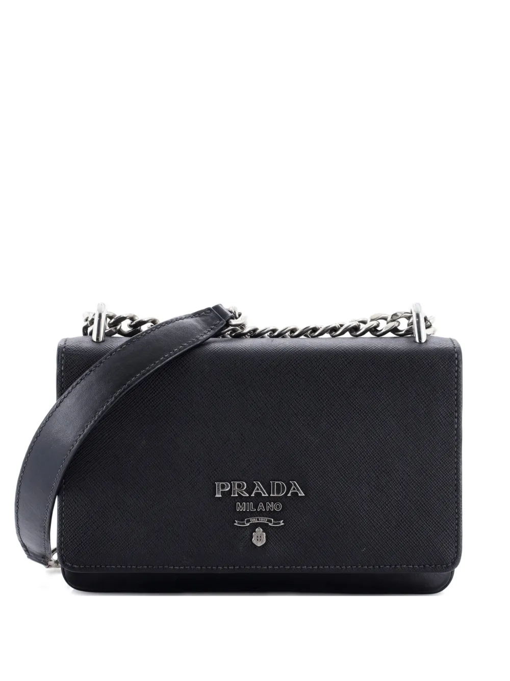 Pre-owned Prada Chain Flap Crossbody Bag Tessuto And Saffiano Leather Medium Shoulder Bag In Black
