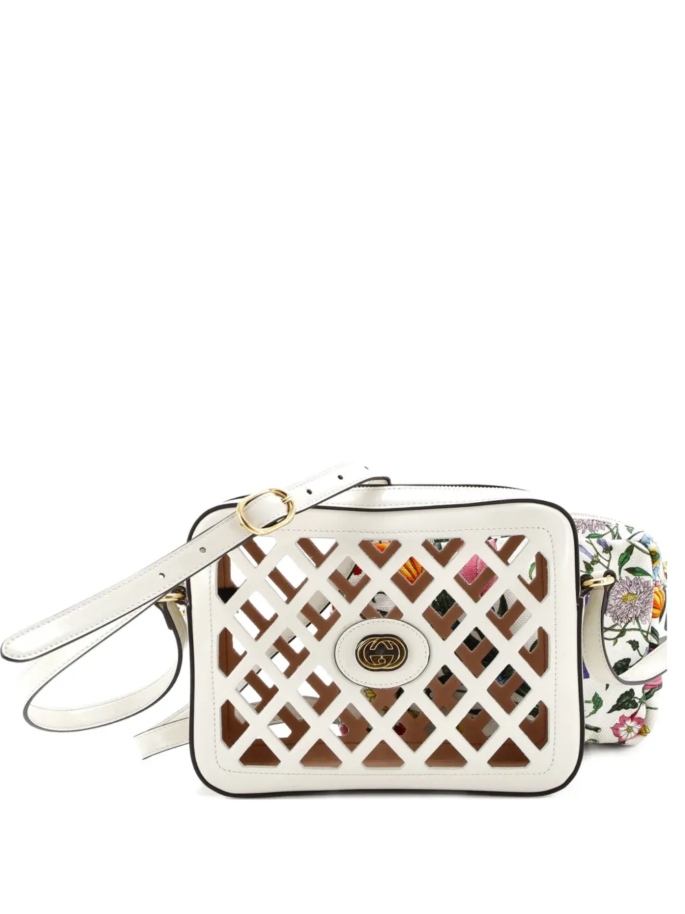 Pre-owned Gucci Camera Cutout Leather With Flora Canvas Small Crossbody Bag In Neutral