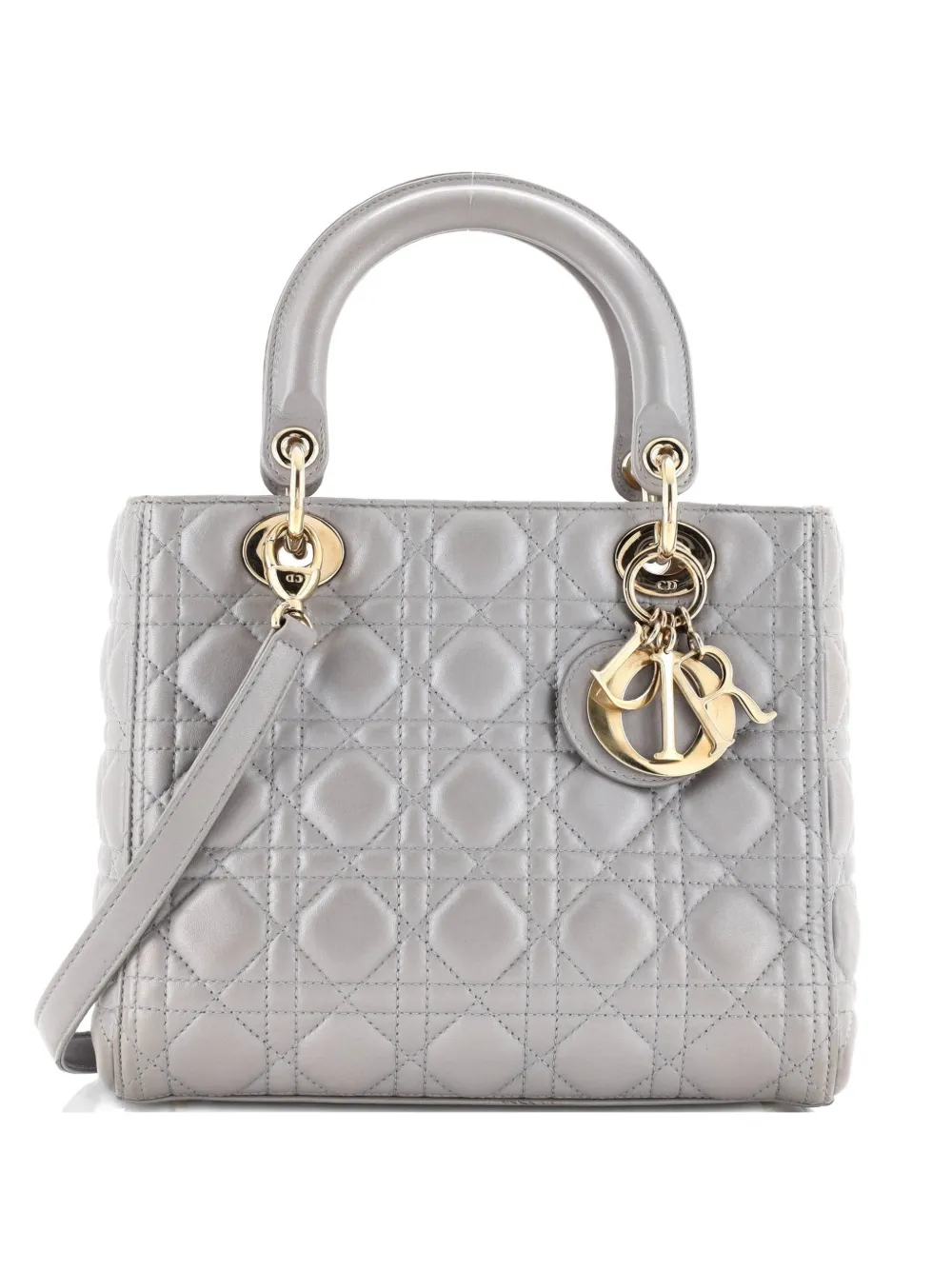 Pre-owned Dior Lady  Bag Cannage Quilt Lambskin Medium Satchel In Silver