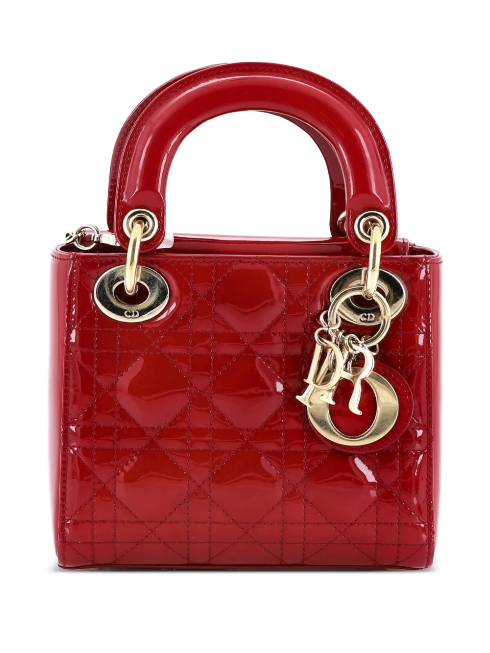 Pre-owned Dior Lady Chain Bag Cannage Quilt Patent Mini Satchel In Red
