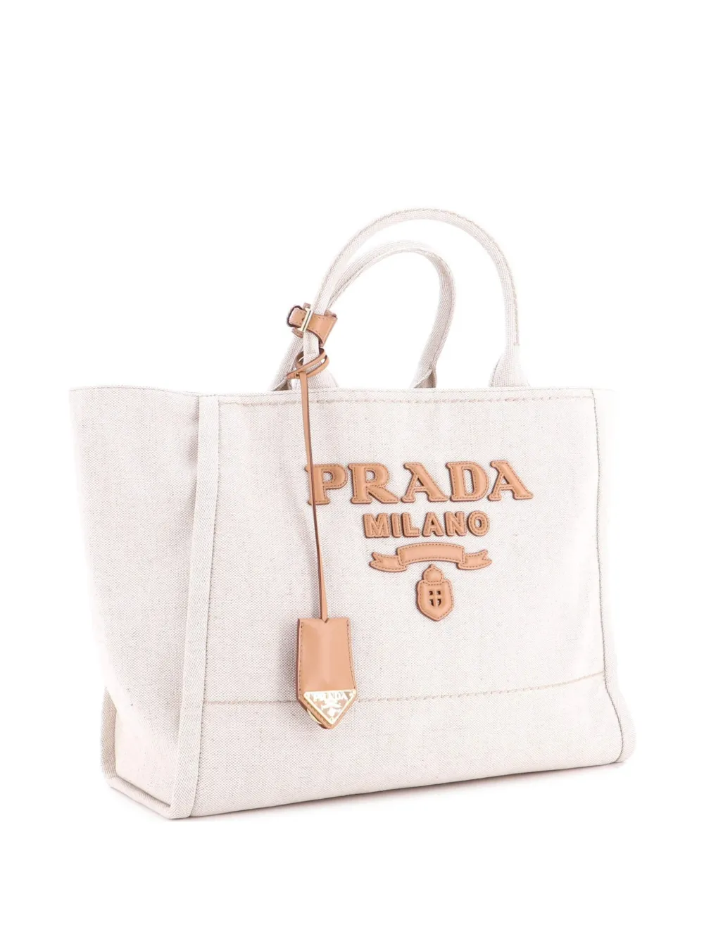 Pre-owned Prada Logo Linen Blend Large Tote Bag In Brown