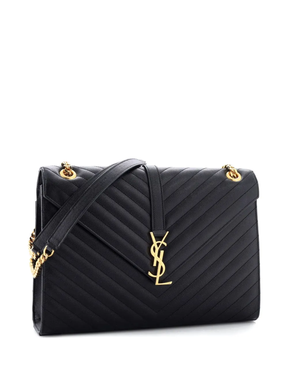 Pre-owned Saint Laurent Classic Monogram Envelope Satchel Matelasse Chevron Leather Large Shoulder Bag In Black