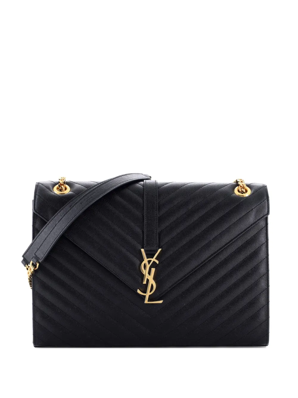 Pre-owned Saint Laurent Classic Monogram Envelope Satchel Matelasse Chevron Leather Large Shoulder Bag In Black