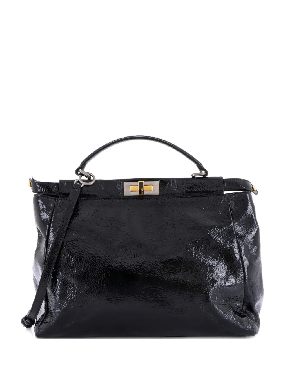 Pre-owned Fendi Peekaboo Bag Patent Large Satchel In Black