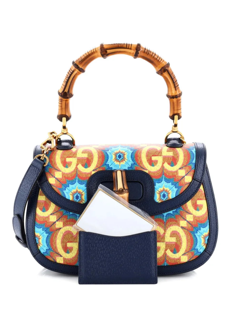 Pre-owned Gucci Bamboo 1947 Top Handle Bag Kaleidoscope Print Gg Coated Canvas Medium Crossbody Bag In Blue