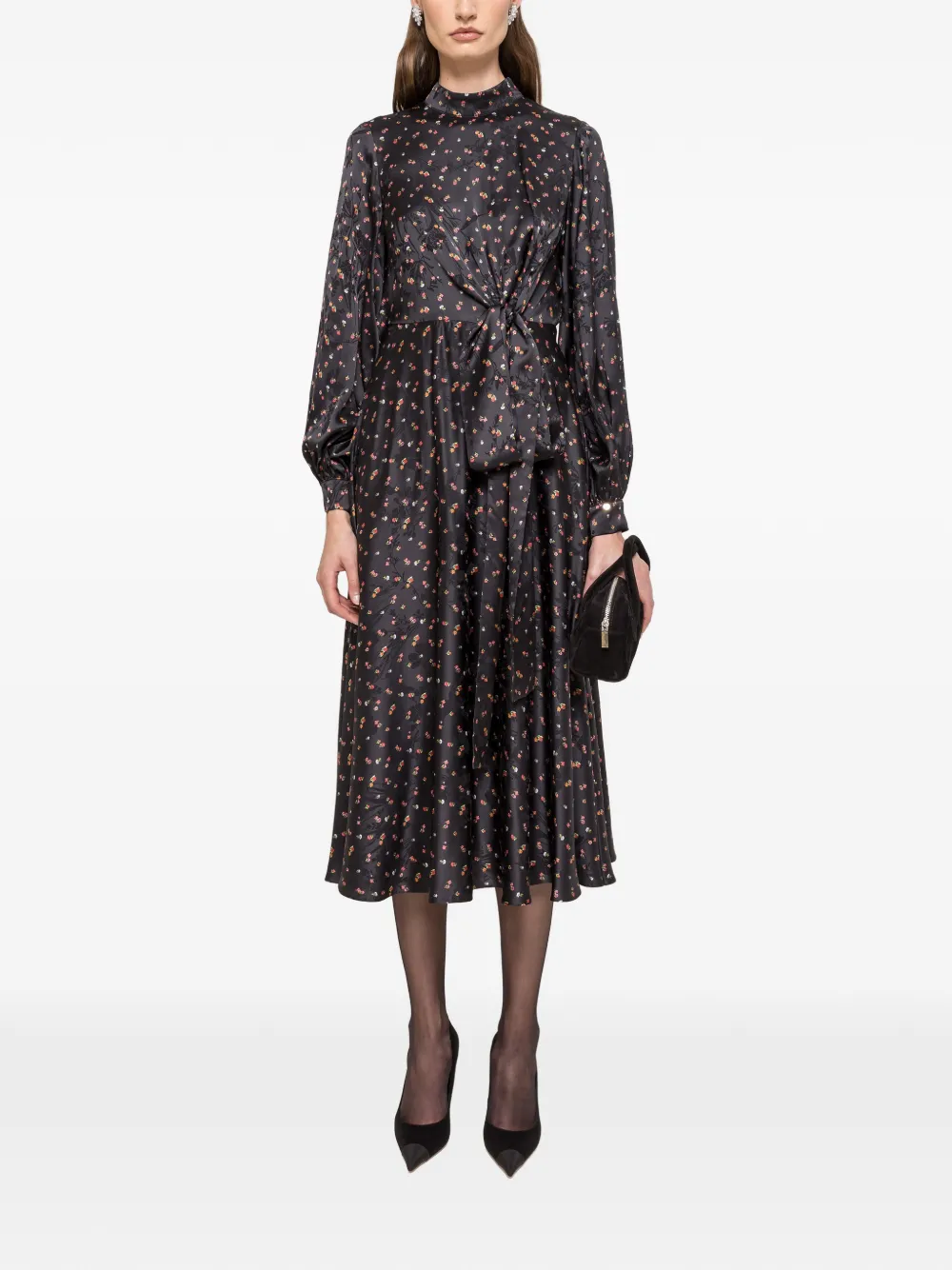 NISSA printed tie-detail midi dress - Zwart