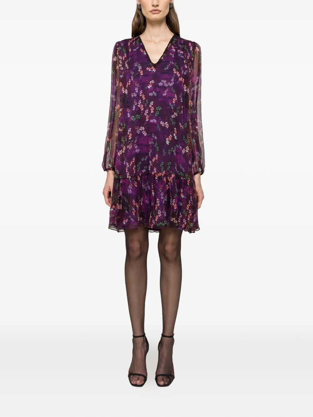 Nissa Ruffle Floral Silk Mini Dress In Purple