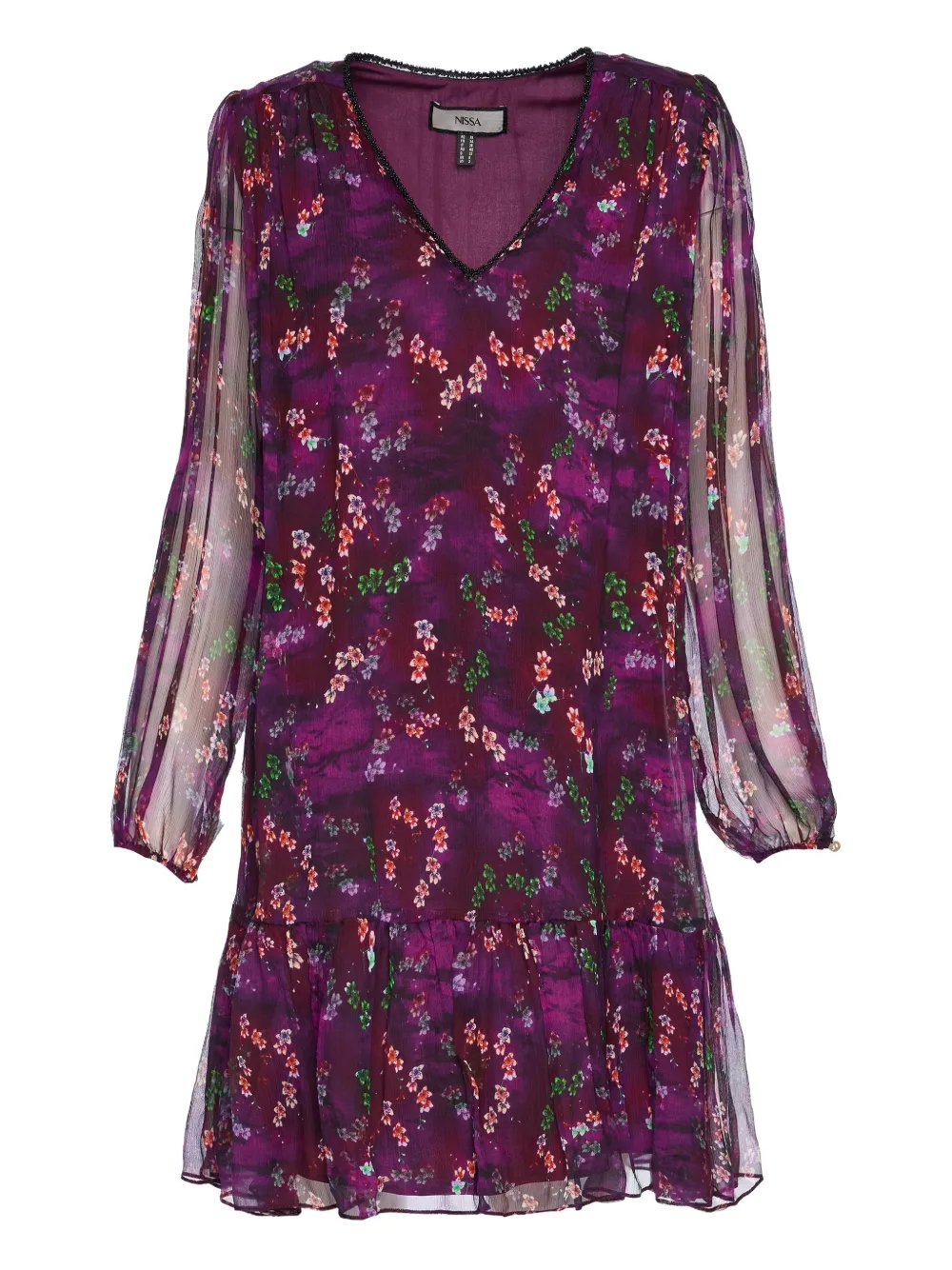 Nissa Ruffle Floral Silk Mini Dress In Purple