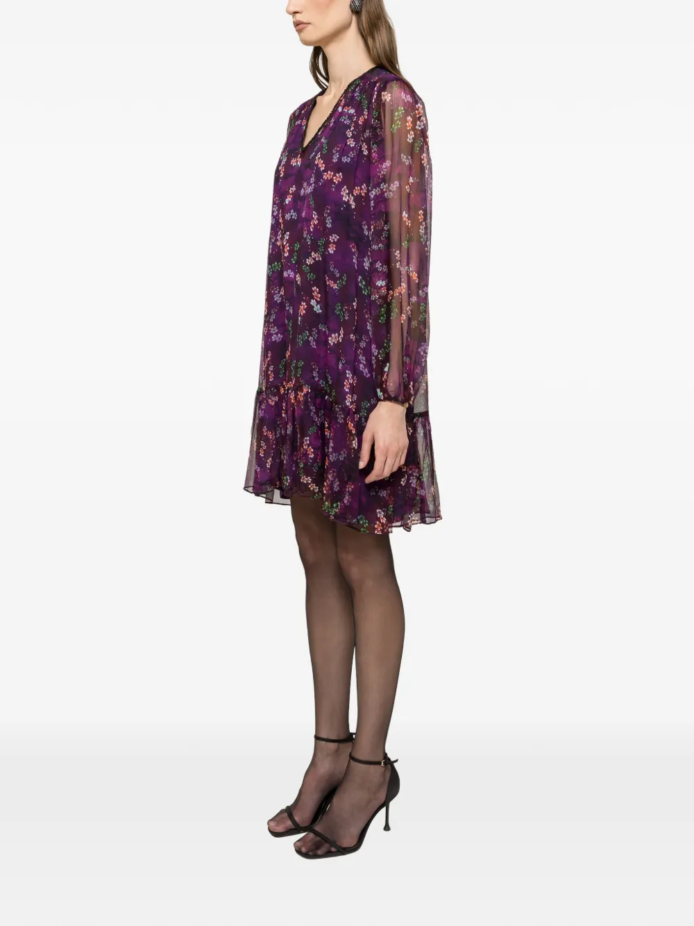 Nissa Ruffle Floral Silk Mini Dress In Purple
