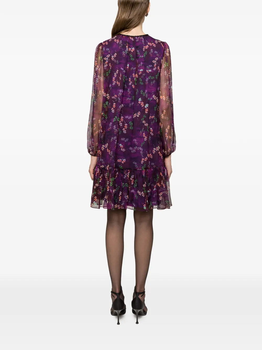 NISSA Zijden mini-jurk met ruches en bloemenprint Paars