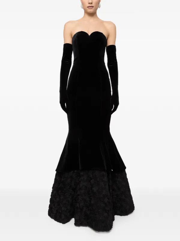 NISSA petal-layered Velvet Maxi Dress | Black