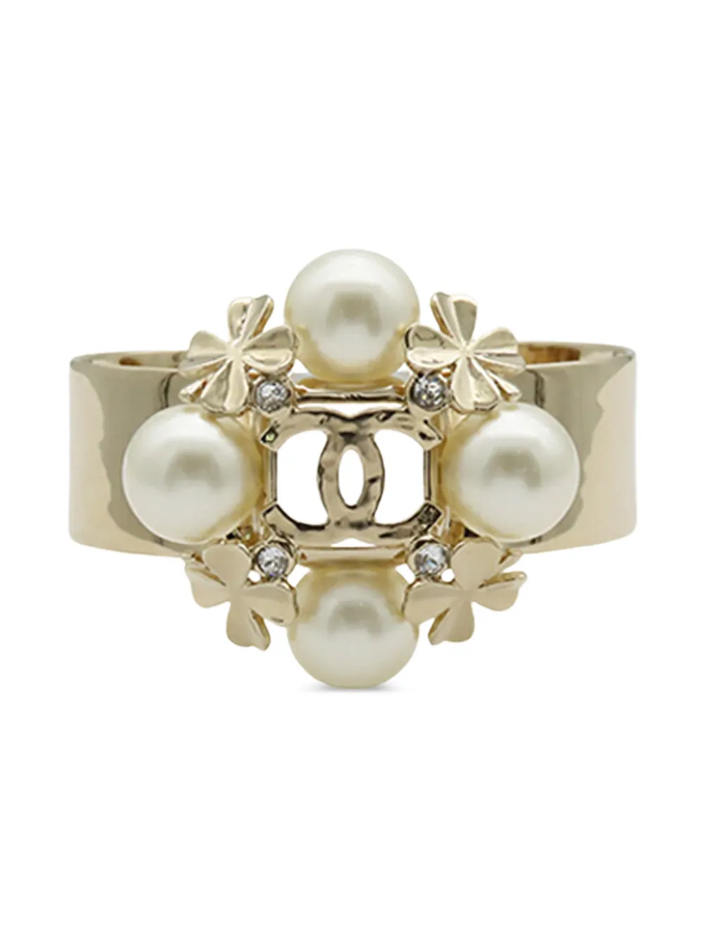 CHANEL Pre-Owned 2022 CC Gold Plated Faux Pearl Clover Cuff Bracelet costume bracelet - Oro