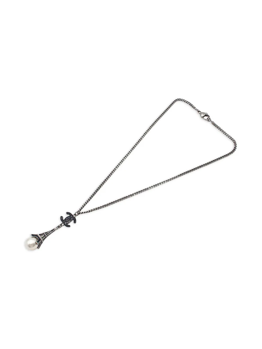 CHANEL Pre-Owned 2006 Silver Plated Faux Pearl Enamel CC Eiffel Tower Charm Necklace costume necklace - Argento