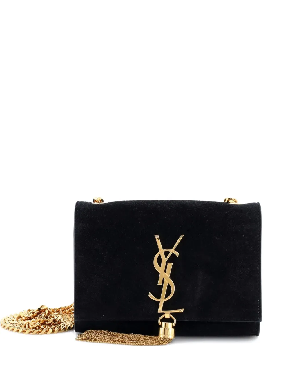 Pre-owned Saint Laurent Classic Monogram Tassel Crossbody Bag Suede Small Shoulder Bag In Black