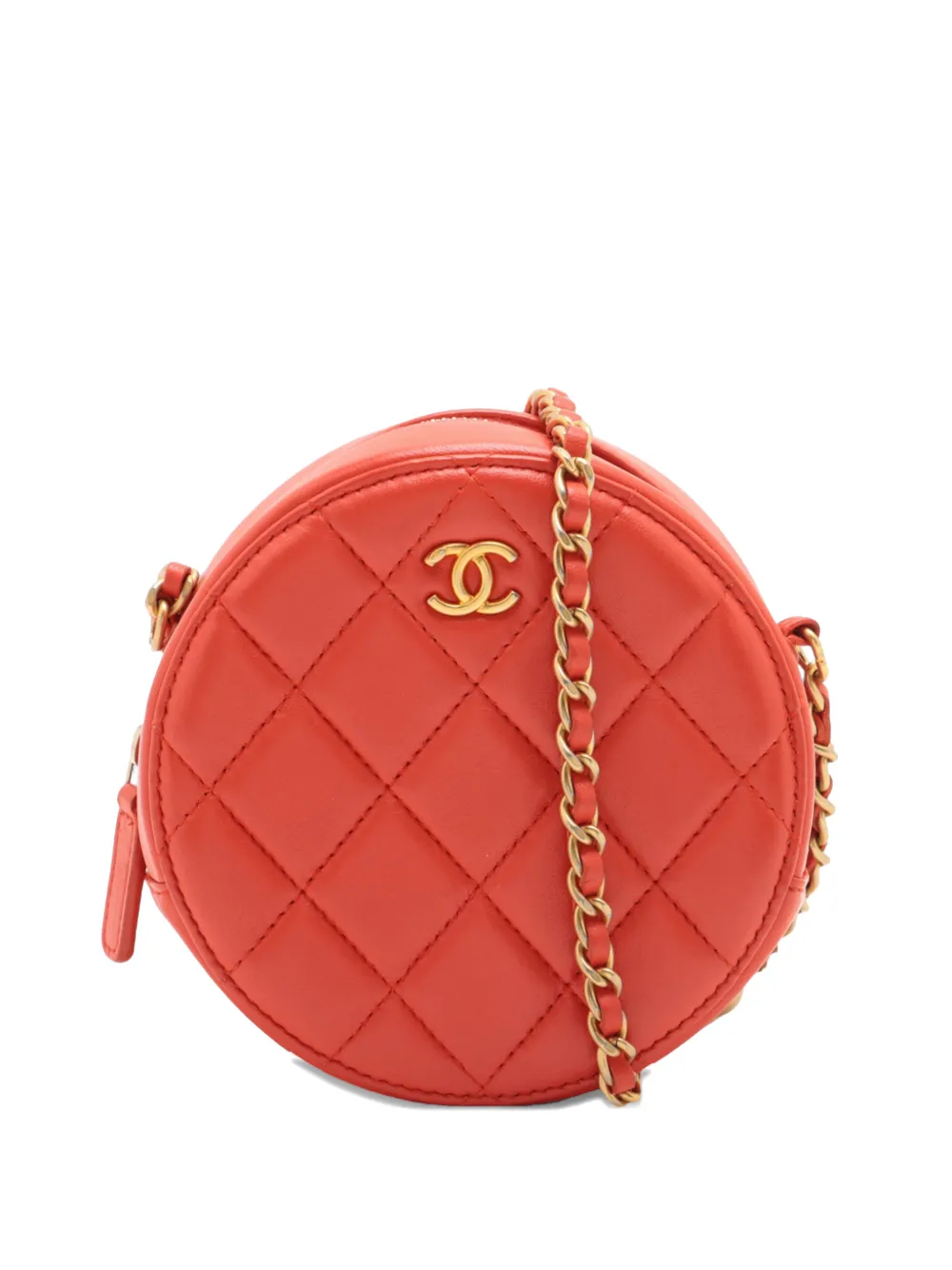 Pre-owned Chanel 2019 Cc Quilted Lambskin Pearl Crush Round Clutch With Chain Crossbody Bag In Orange
