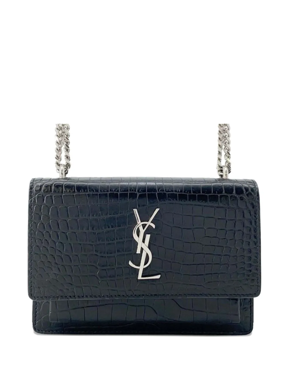 Pre-owned Saint Laurent 2013-2025 Croc Embossed Leather Monogram Sunset Chain Wallet Crossbody Bag In Black