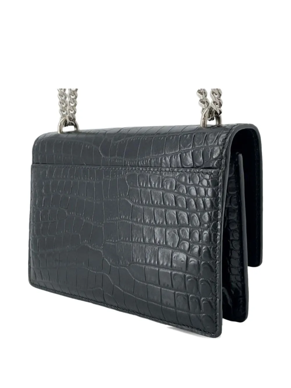 SAINT LAURENT Pre-owned 2013-2025 Croc Embossed Leather Monogram Sunset Chain Wallet Crossbody Bag In Black