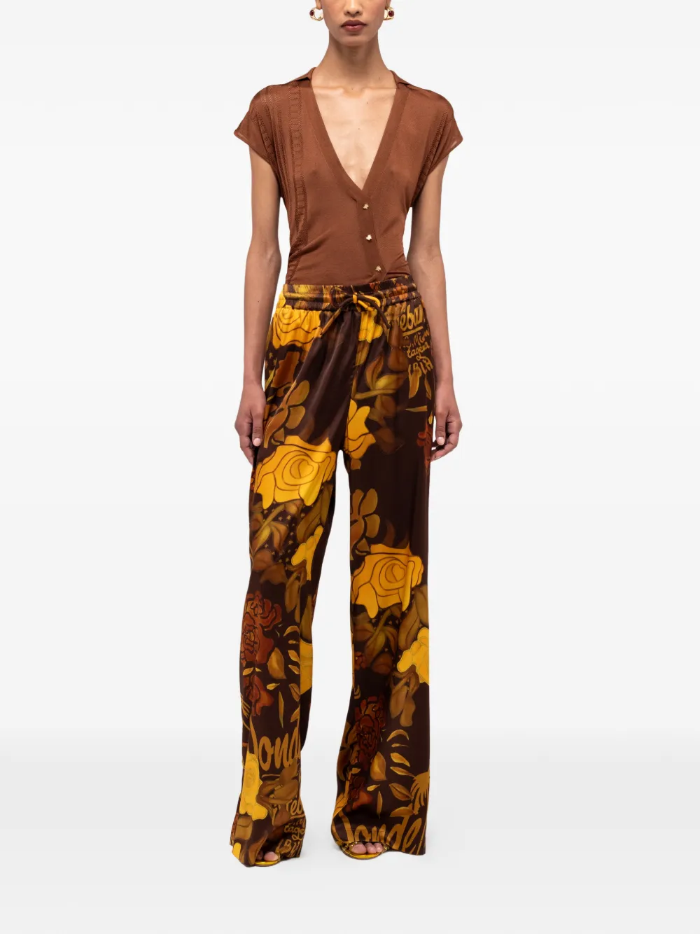  Donde Esteban Veranera Drawstring Floral Trousers - Brown 