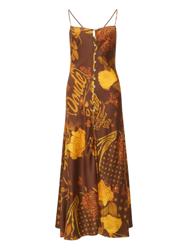 Donde Esteban Veranera Printed Satin Midi Dress - Women - Brown Dresses - Xs
