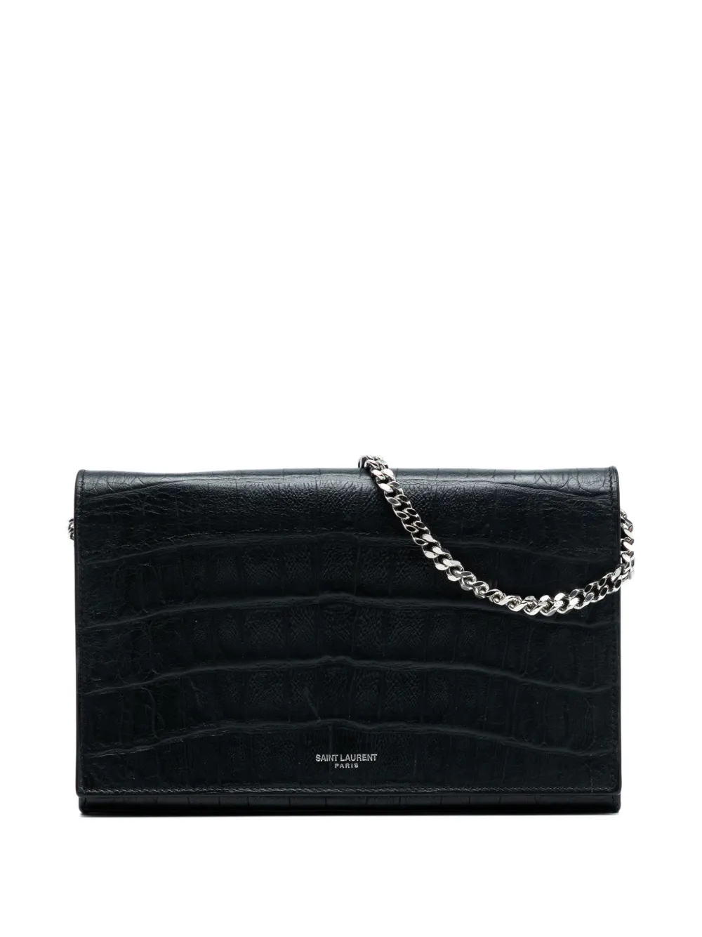 Pre-owned Saint Laurent 2013-2025 Croc Embossed Leather Wallet On Chain Crossbody Bag In Black