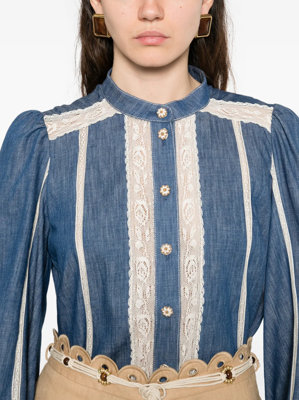 ZIMMERMANN lace-detail button-up Shirt | Blue | FARFETCH