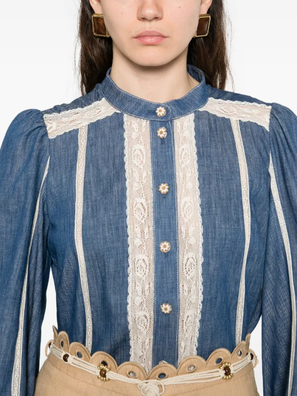 ZIMMERMANN lace-detail button-up Shirt | Blue | FARFETCH