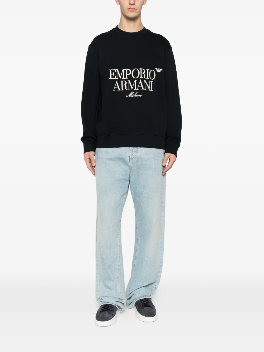 Emporio Armani logo-embroidered crew-neck sweatshirt - Blauw