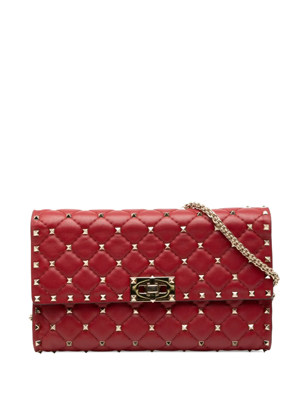 Pre-owned Valentino Garavani 2000-2017 Leather Rockstud Spike Wallet On Chain Crossbody Bag In Red