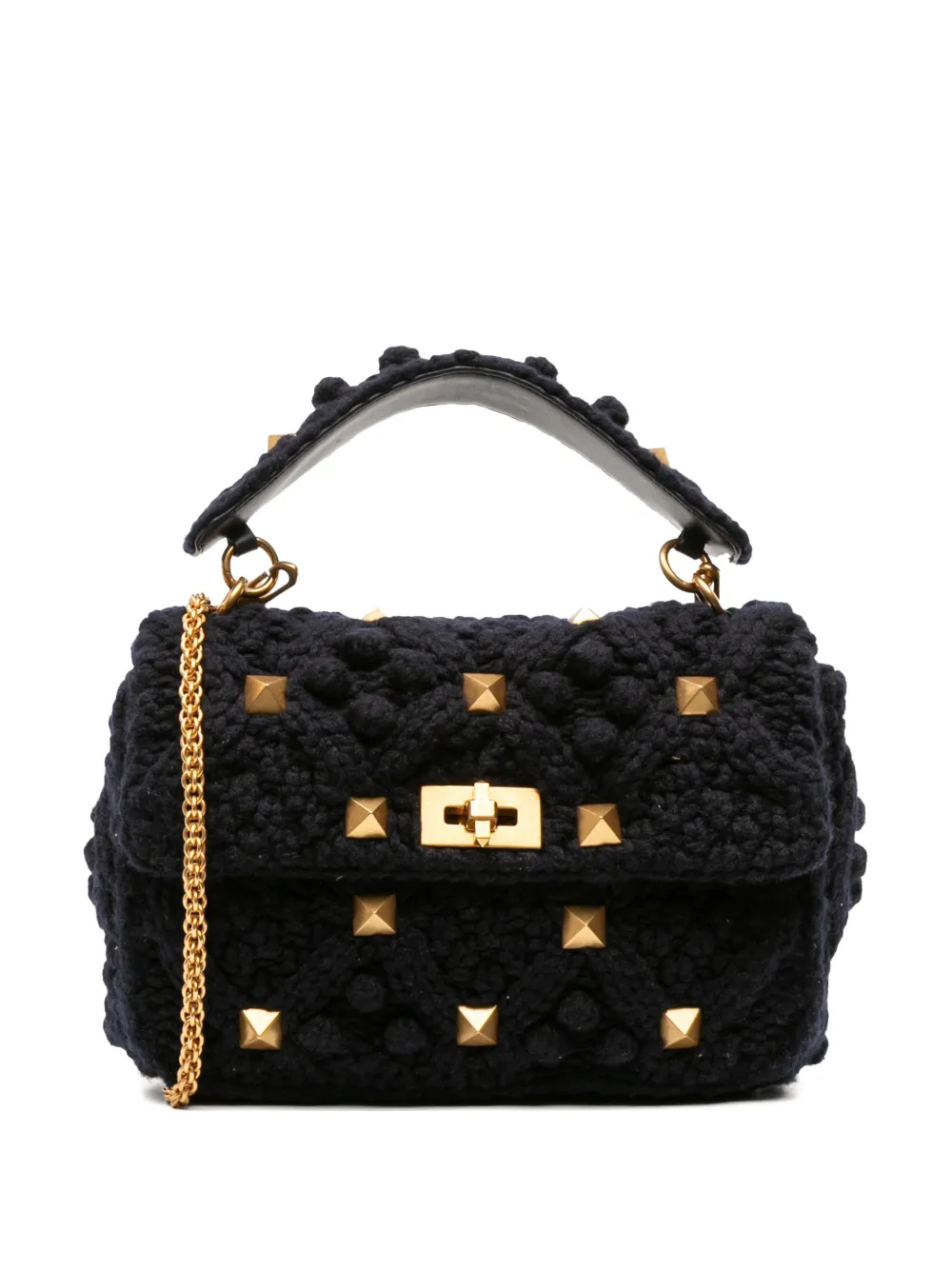 Pre-owned Valentino Garavani 2021-2025 Large Knit Roman Stud Satchel In Blue