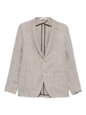 TAGLIATORE エルボーパッチコットンリネンチェックジャケット 48 Tagliatore gingham-check Blazer | Brown | FARFETCH