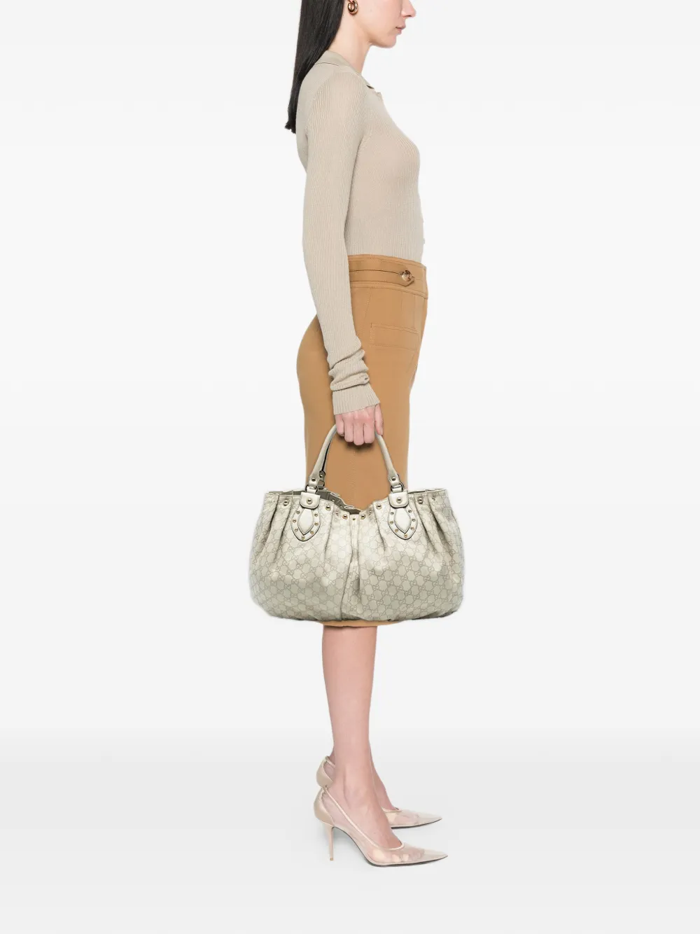 Pre-owned Gucci 2016-2025 Large Ssima Studded Pelham Tote Bag In Brown