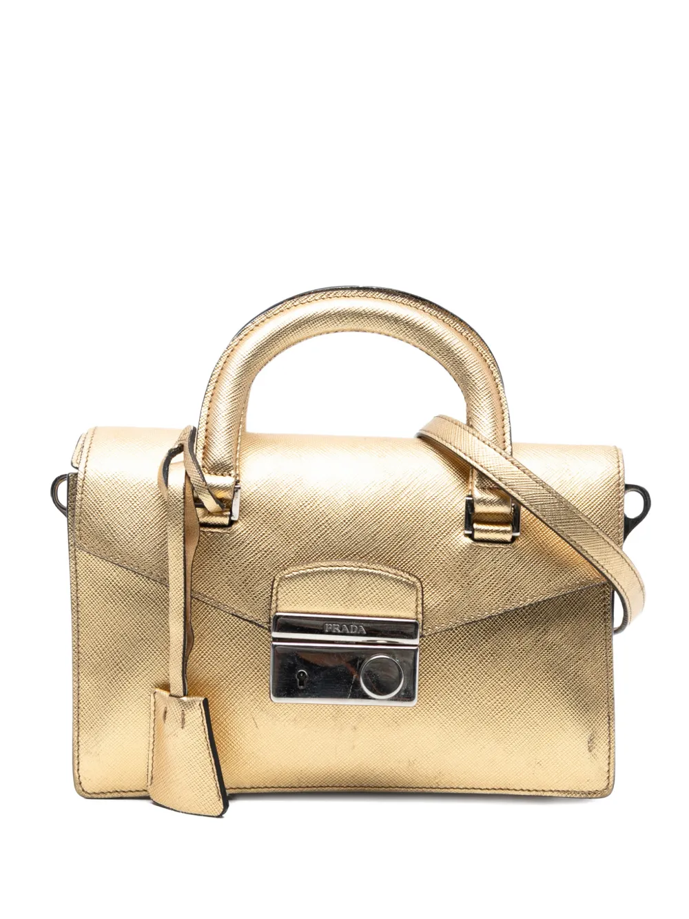 Pre-owned Prada 2000-2025 Mini Metallic Saffiano Sound Lock Satchel In Gold
