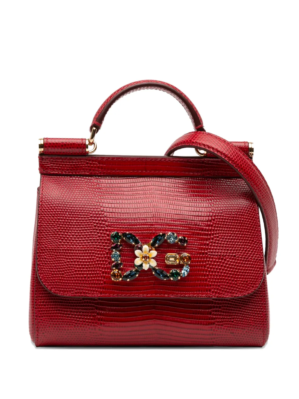 Pre-owned Dolce & Gabbana 2000-2025 Mini Iguana Embossed Calfskin Miss Sicily Satchel In Red