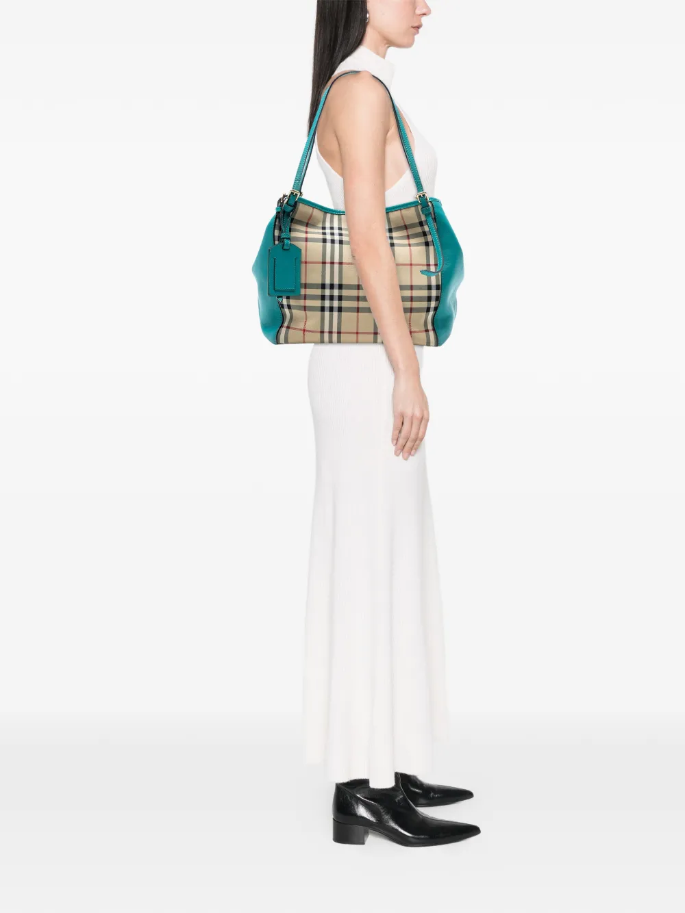 Pre-owned Burberry 2000-2017 Small Haymarket Check Canvas And Leather Canterbury Tote Bag In Blue