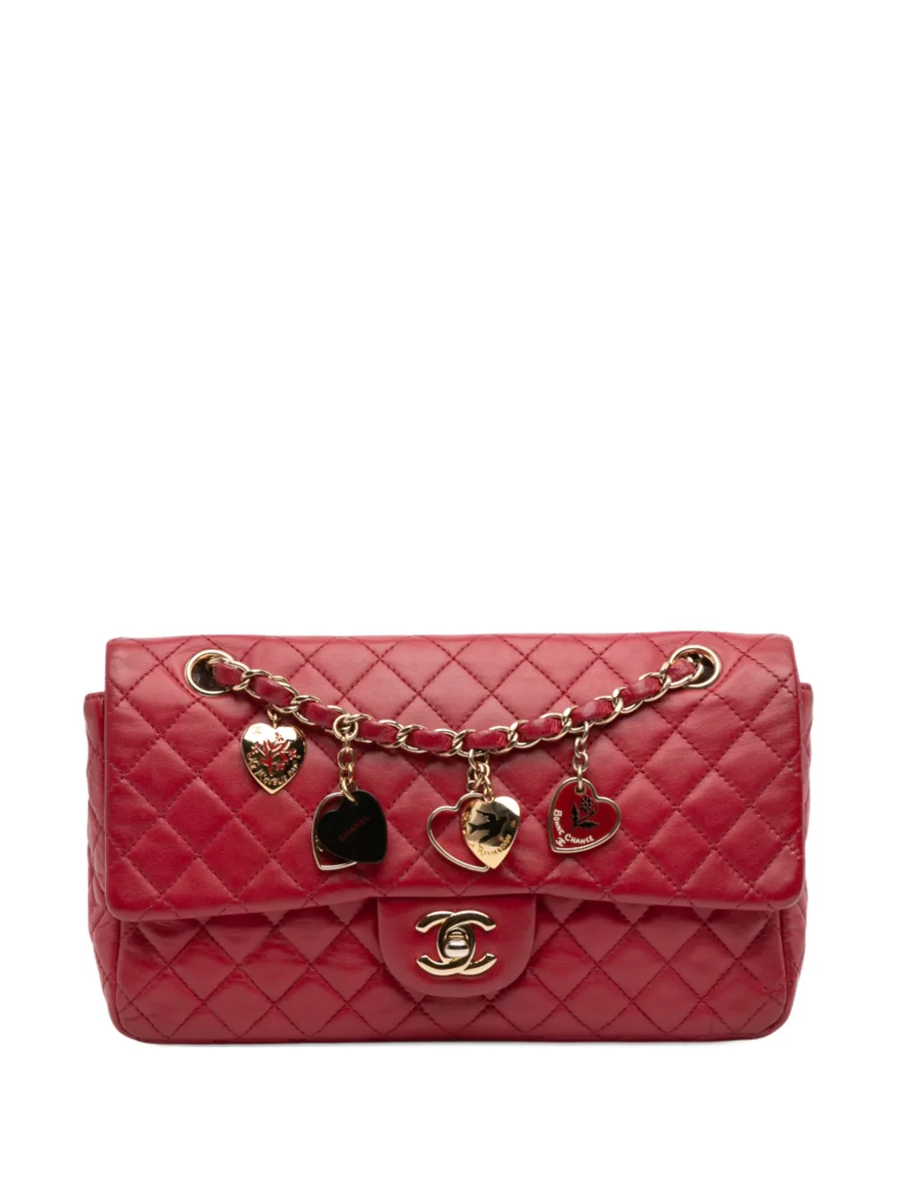 Pre-owned Chanel 2009-2010 Medium Classic Lambskin Valentines Heart Charms Single Flap Shoulder Bag In Red