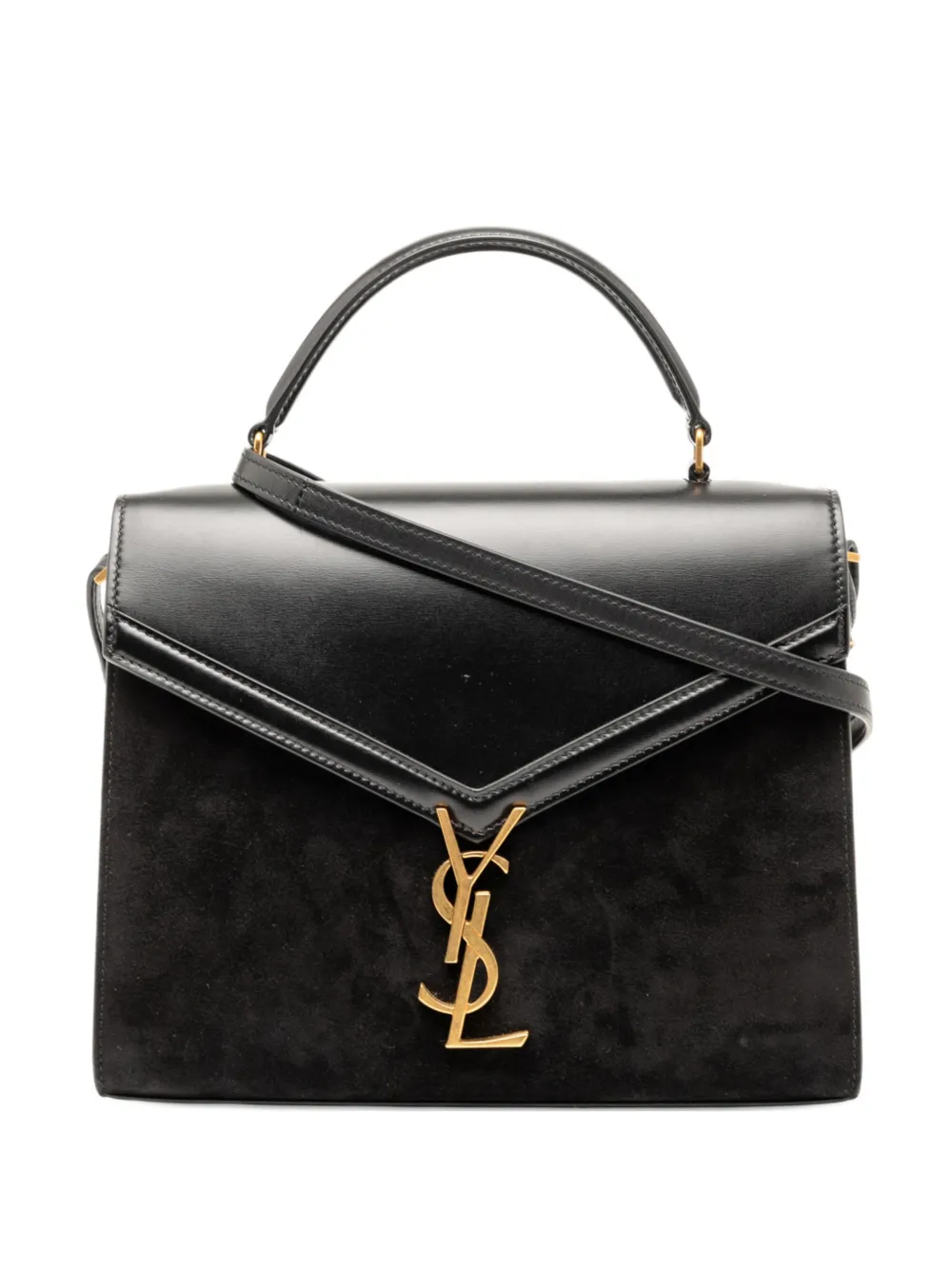 Pre-owned Saint Laurent 2019 Medium Calfskin And Suede Classic Monogram Cassandra Top Handle Bag Satchel In Black