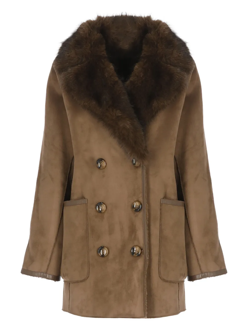 Betta Corradi Faux-fur Collar Double-breasted Coat In Brown