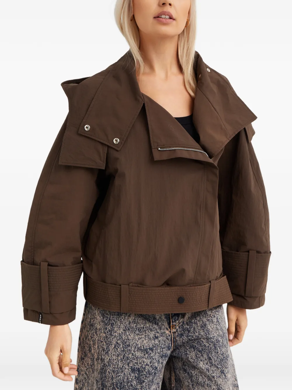 Aeron Asymmetric Zip Linden Jacket In Brown